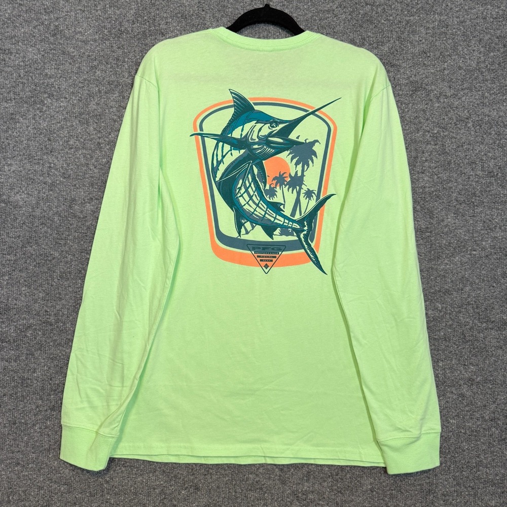 Columbia PFG Tshirt Mens Large Green Long Sleeve‎ Crewneck Fish Graphic Tee NEW
